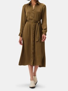 Amour Vert Olive Satin Button Down Dress Large